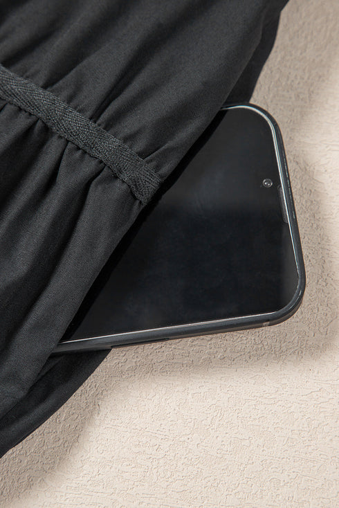 Black Shirt Style Button Down Puff Sleeve Ruffle Hem Dress