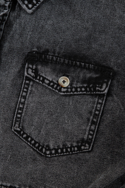 Black Short Sleeve Flap Pocket Button Up Raw Hem Denim Shirt