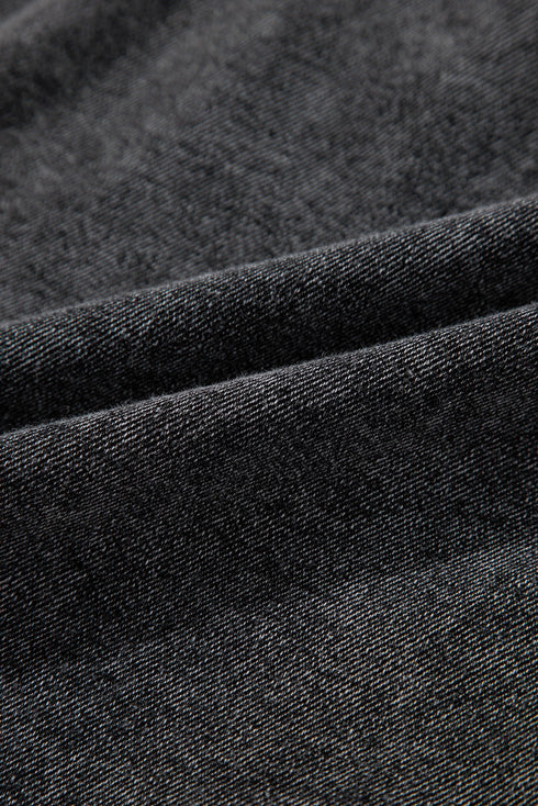 Black Short Sleeve Flap Pocket Button Up Raw Hem Denim Shirt