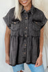 Black Short Sleeve Flap Pocket Button Up Raw Hem Denim Shirt