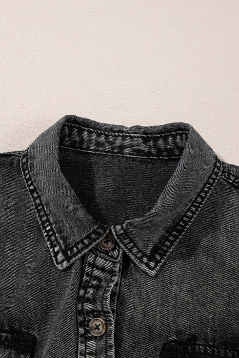 Black Short Sleeve Flap Pocket Button Up Raw Hem Denim Shirt