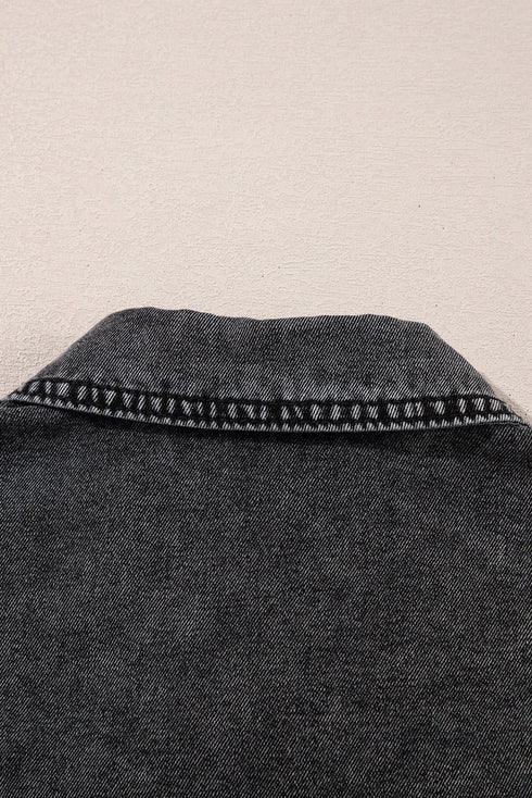 Black Short Sleeve Flap Pocket Button Up Raw Hem Denim Shirt