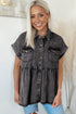 Black Short Sleeve Flap Pocket Button Up Raw Hem Denim Shirt