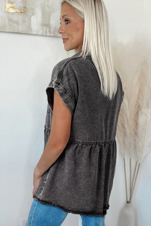Black Short Sleeve Flap Pocket Button Up Raw Hem Denim Shirt