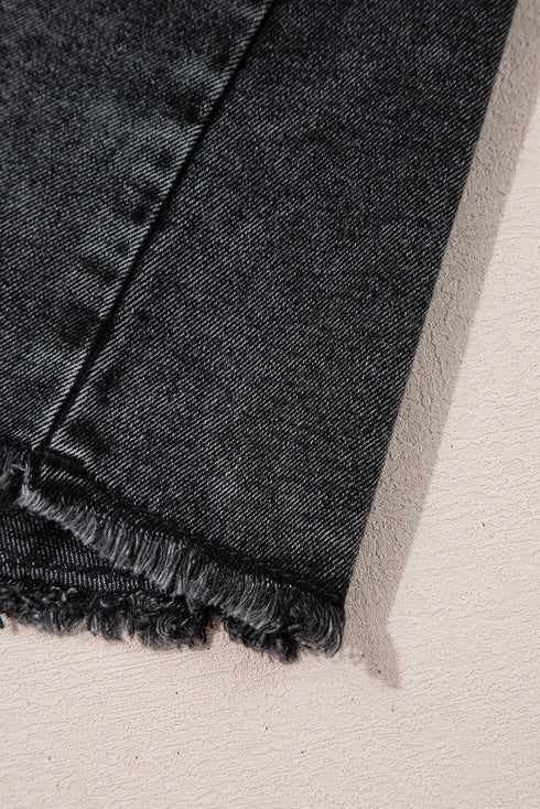 Black Short Sleeve Flap Pocket Button Up Raw Hem Denim Shirt