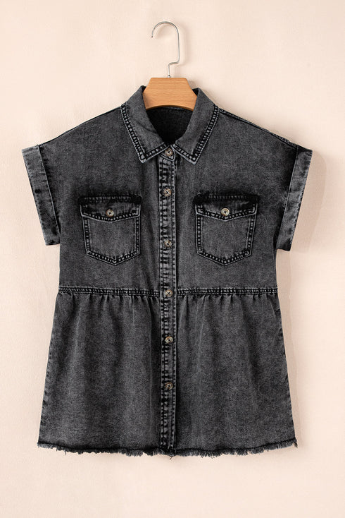 Black Short Sleeve Flap Pocket Button Up Raw Hem Denim Shirt