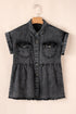 Black Short Sleeve Flap Pocket Button Up Raw Hem Denim Shirt