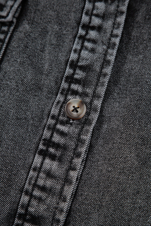 Black Short Sleeve Flap Pocket Button Up Raw Hem Denim Shirt