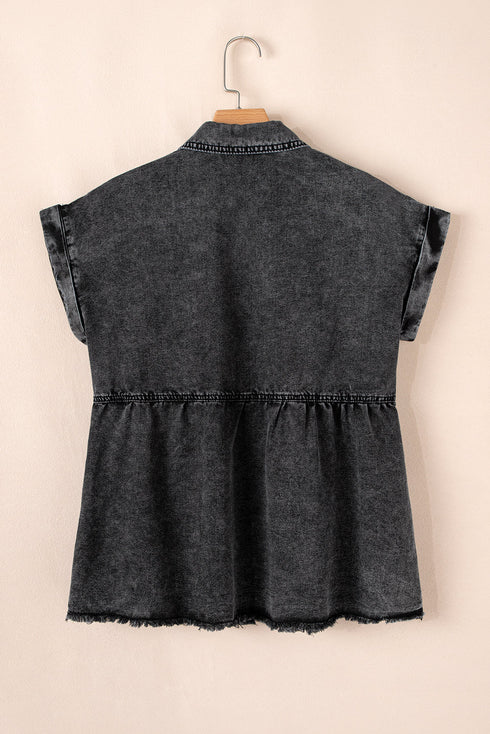 Black Short Sleeve Flap Pocket Button Up Raw Hem Denim Shirt