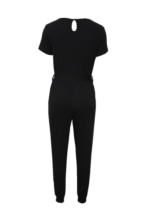 Black Short Sleeve Jogger Jumpsuit With Belt