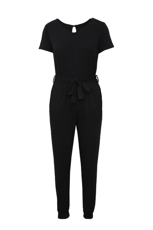 Black Short Sleeve Jogger Jumpsuit With Belt