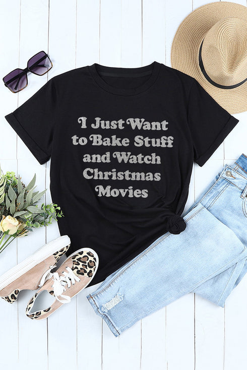 Black Slogan Glitter Pattern Print Short Sleeve T Shirt