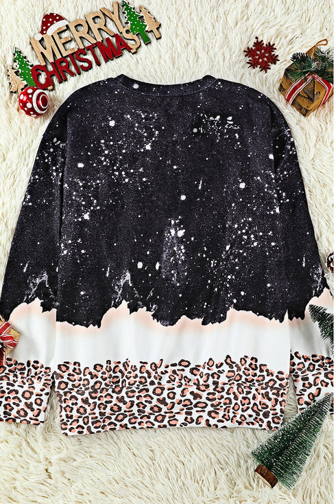 Black Snowy Christmas Graphic Leopard Bleached Sweatshirt