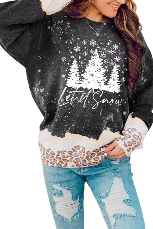 Black Snowy Christmas Graphic Leopard Bleached Sweatshirt