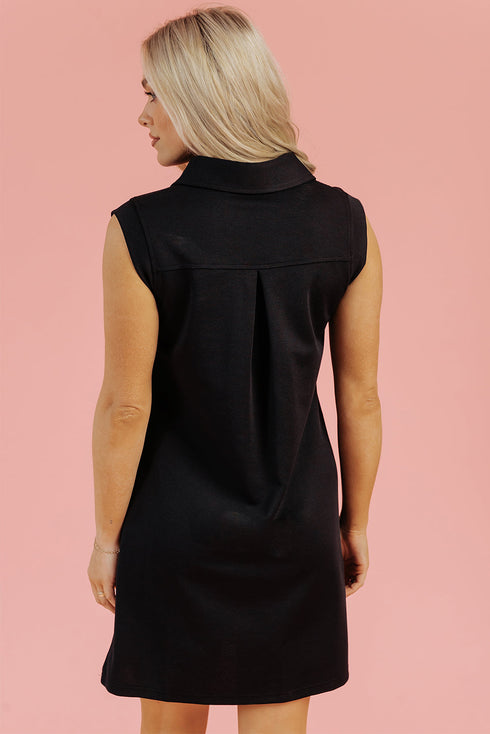 Black Solid Color Collared Slit Neck Sleeveless Mini Dress