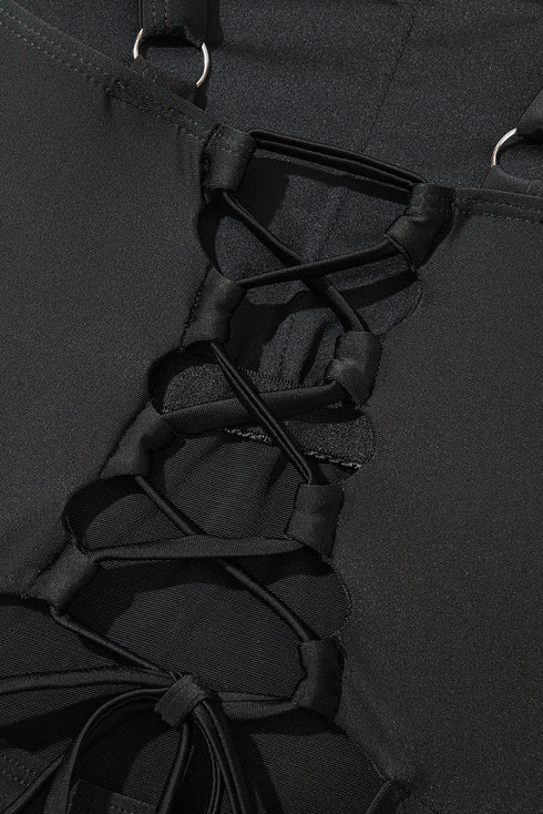 Black Solid Criss Cross Backless Square Neck One Piece Swimsuit