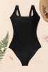 Black Solid Criss Cross Backless Square Neck One Piece Swimsuit