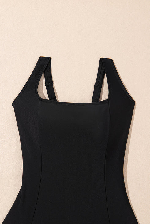 Black Solid Criss Cross Backless Square Neck One Piece Swimsuit