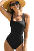 Black Solid Criss Cross Backless Square Neck One Piece Swimsuit