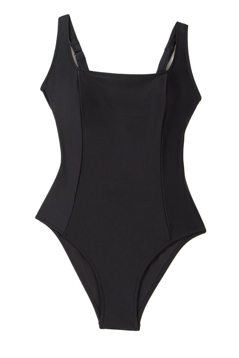 Black Solid Criss Cross Backless Square Neck One Piece Swimsuit