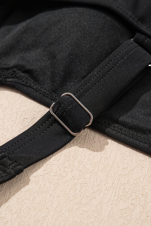 Black Solid Criss Cross Backless Square Neck One Piece Swimsuit