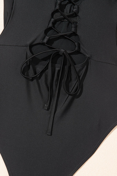 Black Solid Criss Cross Backless Square Neck One Piece Swimsuit
