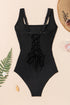 Black Solid Criss Cross Backless Square Neck One Piece Swimsuit
