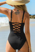 Black Solid Criss Cross Backless Square Neck One Piece Swimsuit