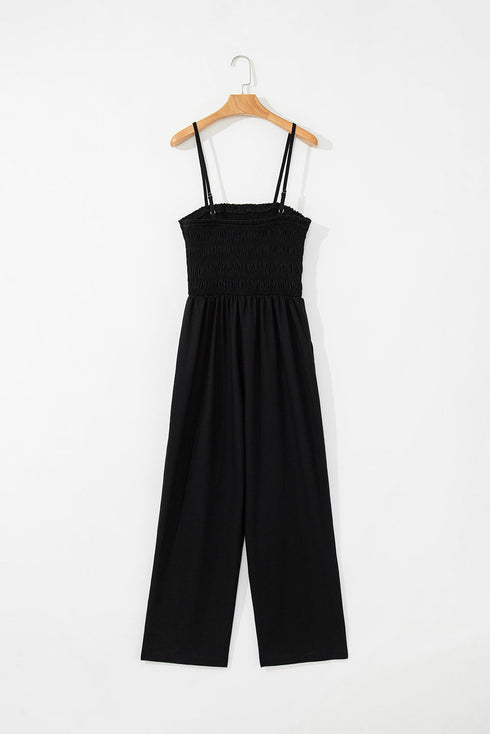 Black Spaghetti Straps Shirred Bodice Pocketed Wide Leg Jumpsuit