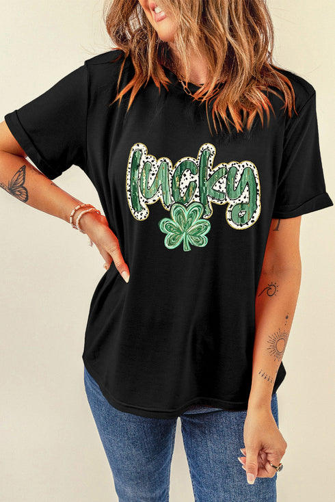 Black St Patricks Lucky Clover Pattern Casual T Shirt
