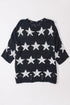 Black Star Print Half Sleeve Distressed Knit Top