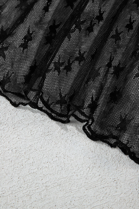 Black Star Print Mesh Sheer Slim Long Sleeve Top