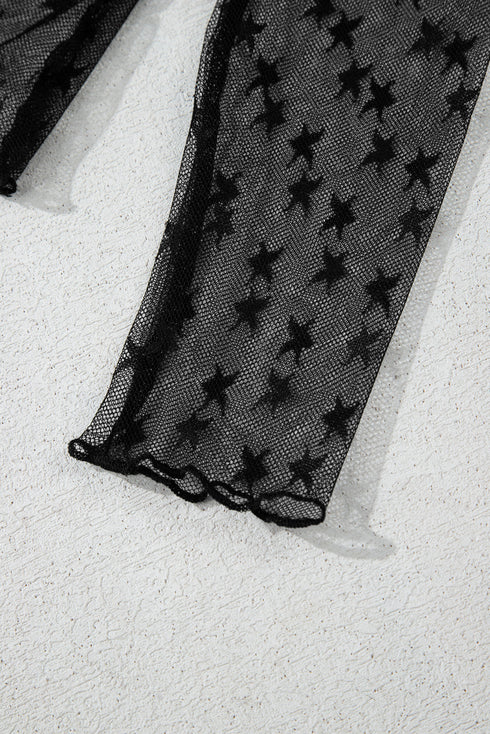 Black Star Print Mesh Sheer Slim Long Sleeve Top