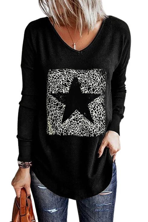 Black Star Print V Neck Long Sleeve Top