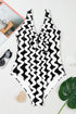 Black Stripe Bowknot Ricrac Print V Neck Low Back Cut One Piece Swimsuit