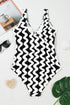 Black Stripe Bowknot Ricrac Print V Neck Low Back Cut One Piece Swimsuit