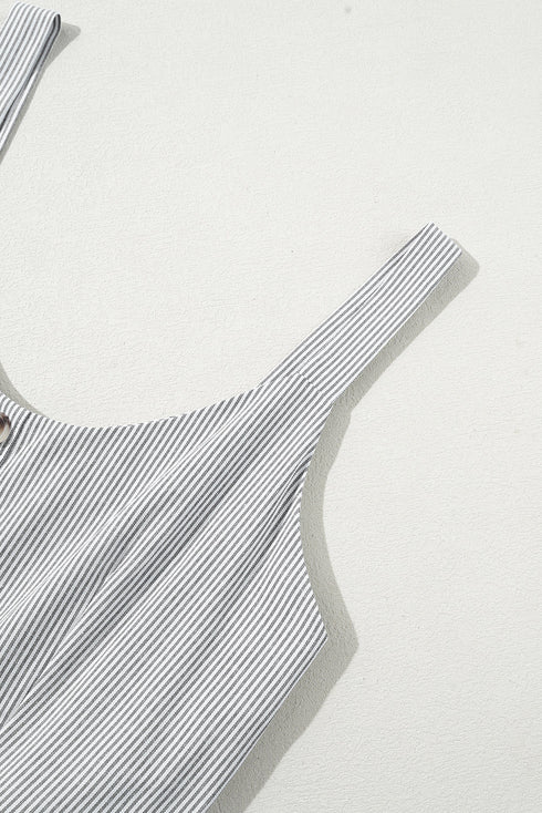 Black Stripe Half Buttoned Sleeveless Wide Leg Jumpsuit