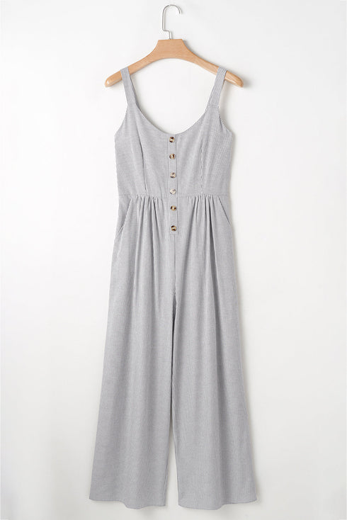 Black Stripe Half Buttoned Sleeveless Wide Leg Jumpsuit