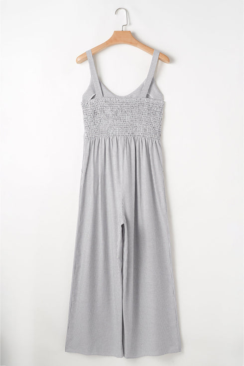 Black Stripe Half Buttoned Sleeveless Wide Leg Jumpsuit