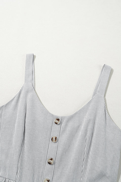 Black Stripe Half Buttoned Sleeveless Wide Leg Jumpsuit