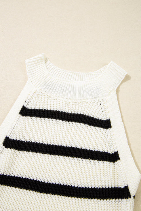 Black Stripe Knitted Drawstring Detail Sleeveless Dress
