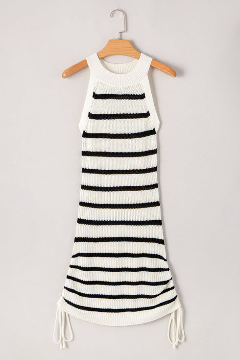 Black Stripe Knitted Drawstring Detail Sleeveless Dress