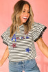 Black Stripe Sequin America Star Graphic Ric Rac Flutter Sleeve Blouse