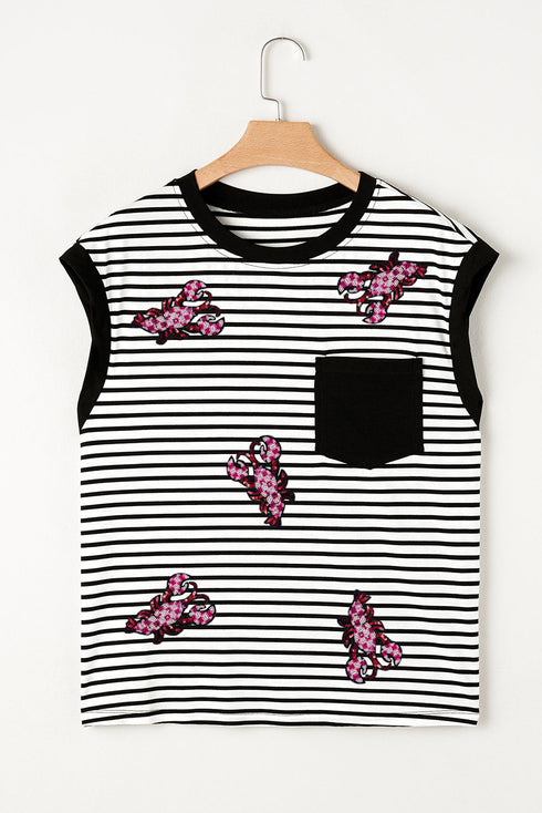 Black Stripe Sequined Lobster Patched Pocket Casual Tank Top