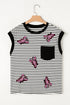 Black Stripe Sequined Lobster Patched Pocket Casual Tank Top