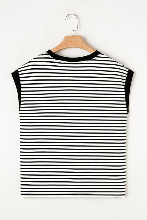 Black Stripe Sequined Lobster Patched Pocket Casual Tank Top