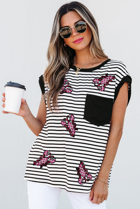 Black Stripe Sequined Lobster Patched Pocket Casual Tank Top