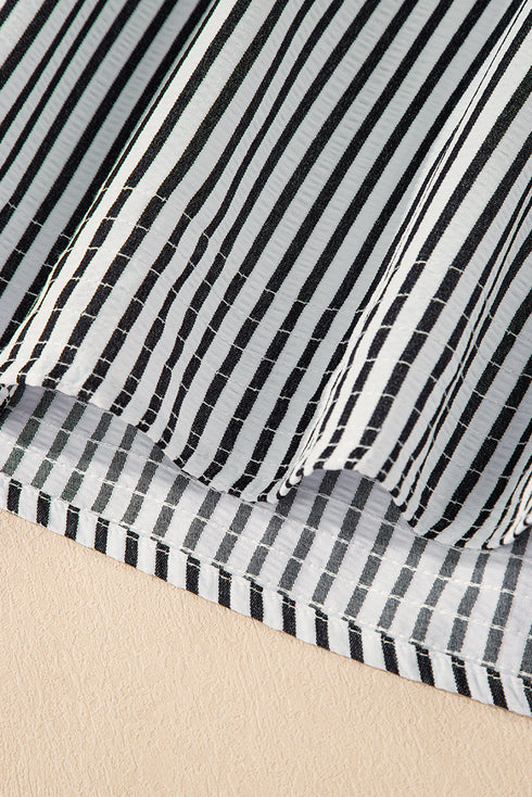 Black Stripe Short Sleeve Buttoned V Neck Pocketed Plus Size Mini Dress