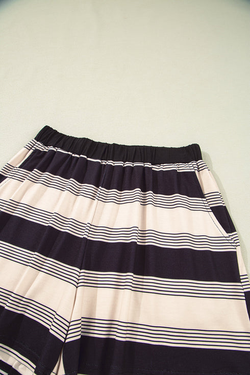 Black Stripe Short Sleeve T Shirt and High Waist Pocketed Shorts Set