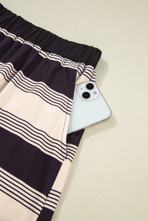 Black Stripe Short Sleeve T Shirt and High Waist Pocketed Shorts Set